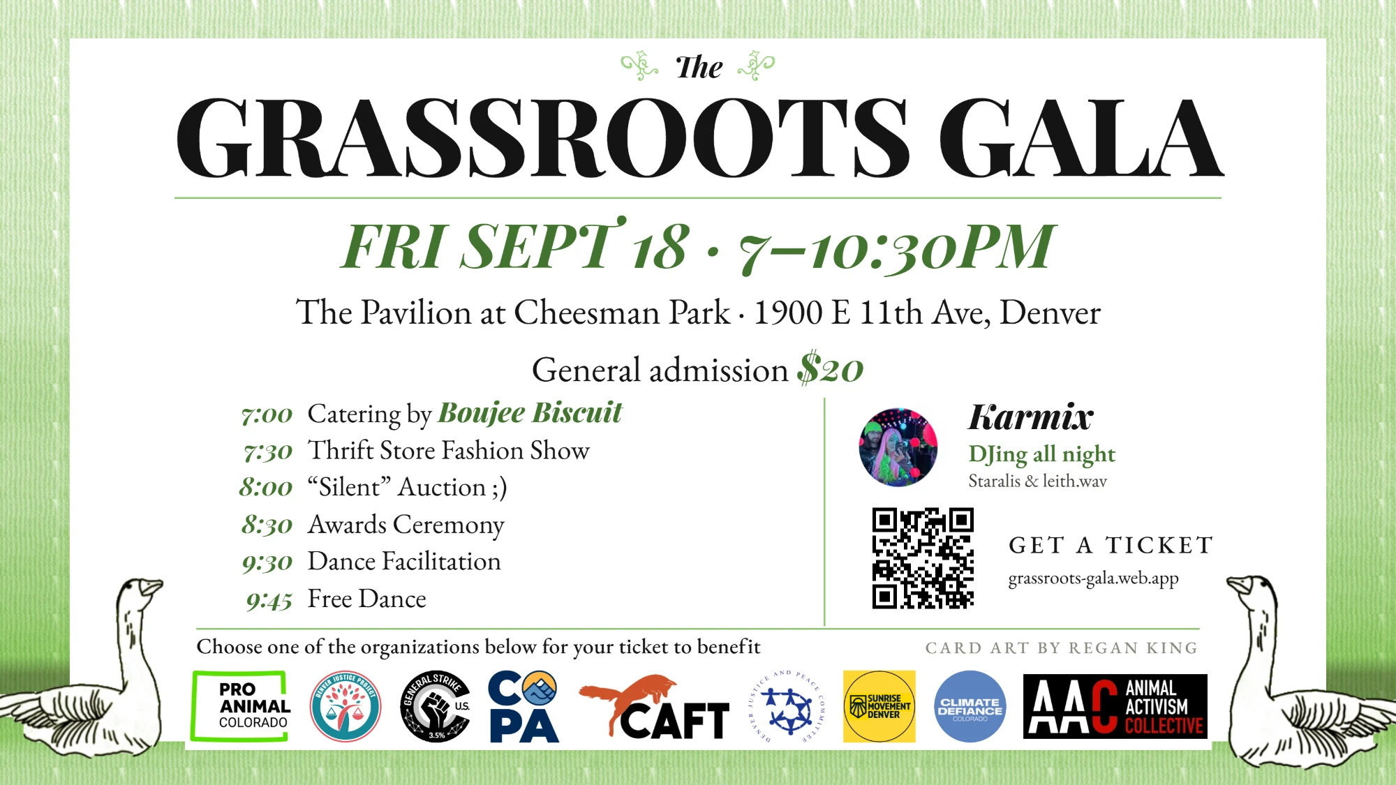 The Grassroots Gala. Friday, September 18, 7–10:30pm. The Pavilion at Cheesman Park, 1900 E 11th Ave, Denver. General admission $20. Choose one of the organizations below for your ticket to benefit.